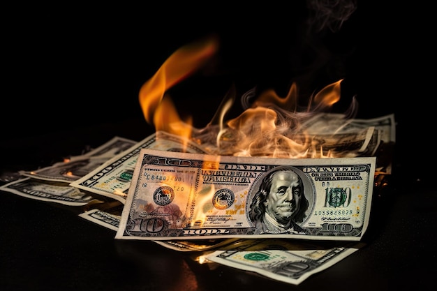 Photo effondrement d'une pyramide financière, les dollars brûlent dans le noir