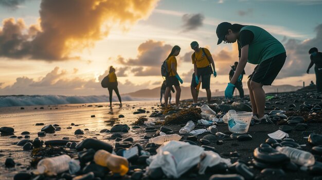 Effort de nettoyage de la plage Photographier des bénévoles ramassant des ordures et des débris plastiques d'une plage soulignant l'impact de la pollution sur la vie marine