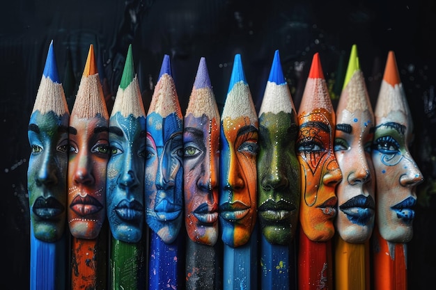 L'égalité des familles multinationales à travers les visages des crayons de couleur