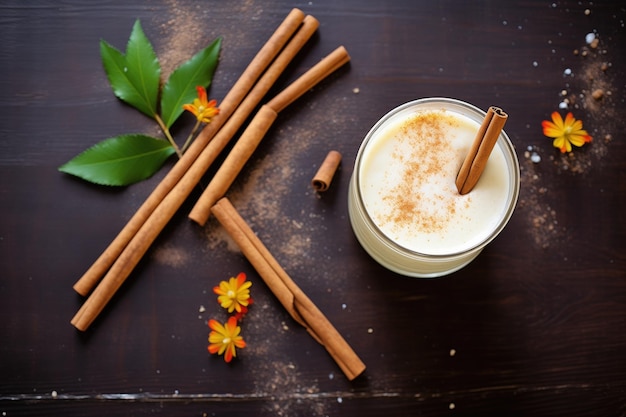 Eggnog avec un bâton de cannelle d'en haut