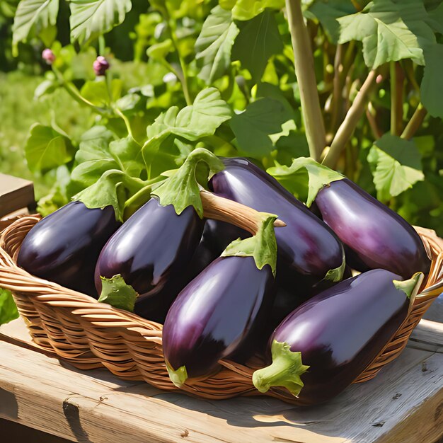 eggplant violet sur une caisse en bois avec des feuilles et une feuille verte