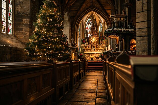 Une église avec un arbre de Noël éclairé et des vitraux