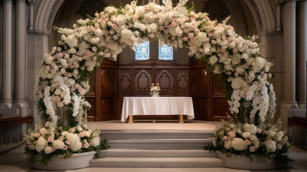 Une église avec une arche florale et des fleurs