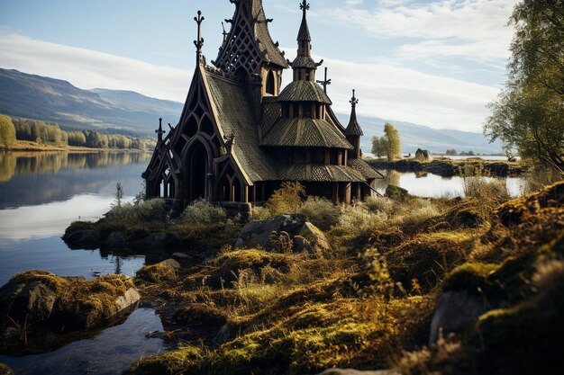 une église au bord du lac