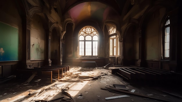 Une église au milieu d'une pièce sombre avec un vitrail qui dit "l'église est visible"