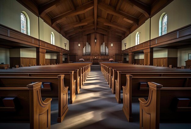 une église avec des bancs dans le style de l'éclairage naturel