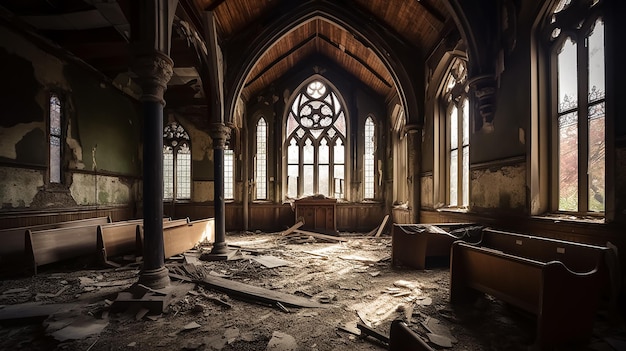 Une église avec beaucoup de fenêtres et un grand vitrail