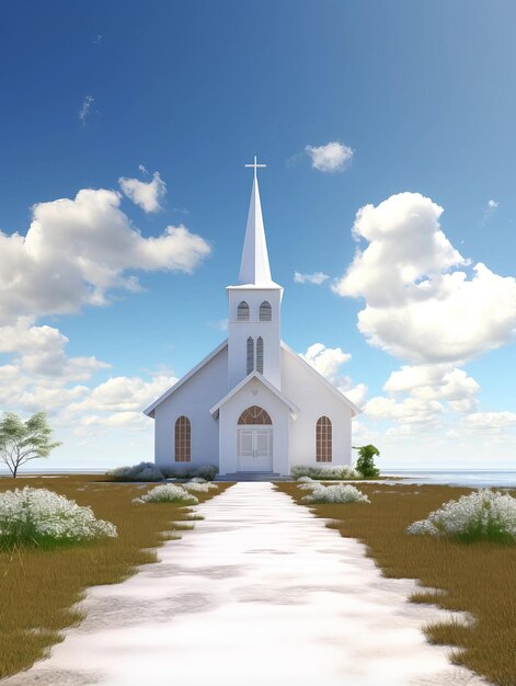 Photo Église chrétienne blanche avec une prairie au premier plan religion