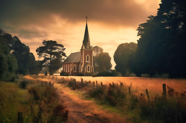 Une église avec un clocher en arrière-plan