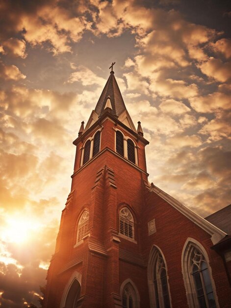 Une église avec un coucher de soleil derrière