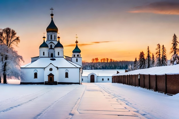 Une église dans un paysage enneigé avec un coucher de soleil en arrière-plan.