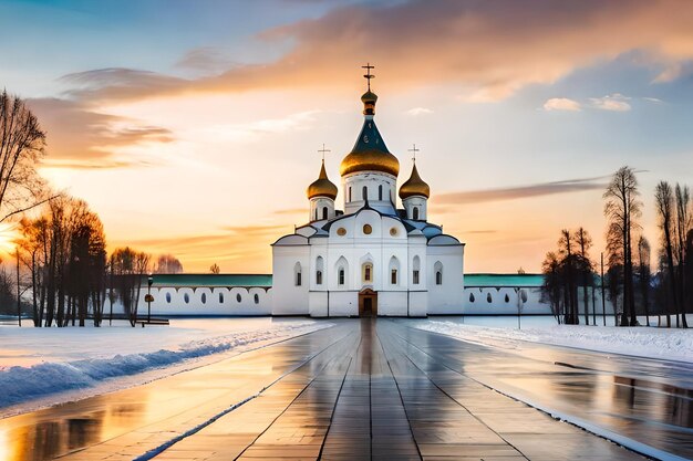 une église dans un paysage enneigé avec un fond de coucher de soleil