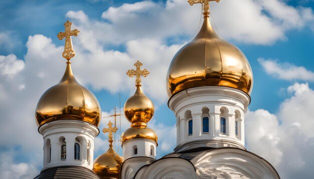 une église avec des dômes dorés et un ciel bleu et des nuages