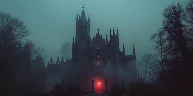 Photo une église effrayante au milieu d'une forêt brumeuse