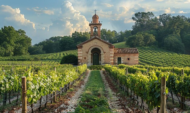 une église avec une église à l'avant et un vignoble en arrière-plan