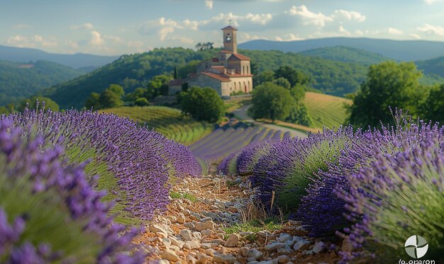 Photo une église est entourée de fleurs violettes et une église