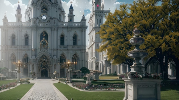 Une église avec une fontaine devant