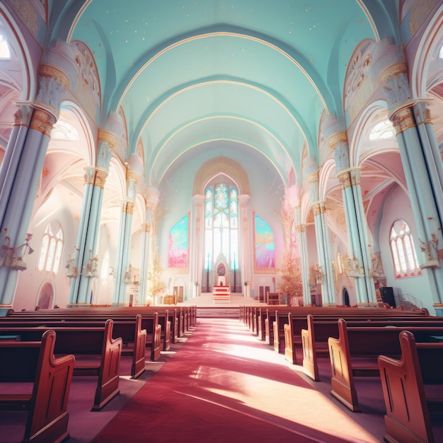 une église multicolore aux couleurs vives