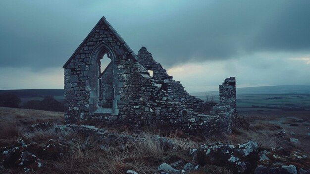 Une église de pierre en ruine au milieu d'un village désert ses fenêtres dd avec ses déchirées et faibles