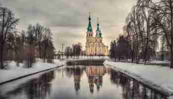 Photo une église avec un reflet d'arbres dans l'eau