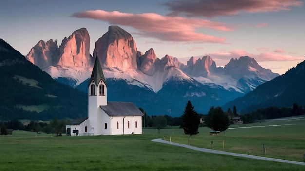 Église Sainte-Magdalène, vallée de Villnos, Tyrol du Sud, Italie avec les dolomites du groupe Puez Geisler