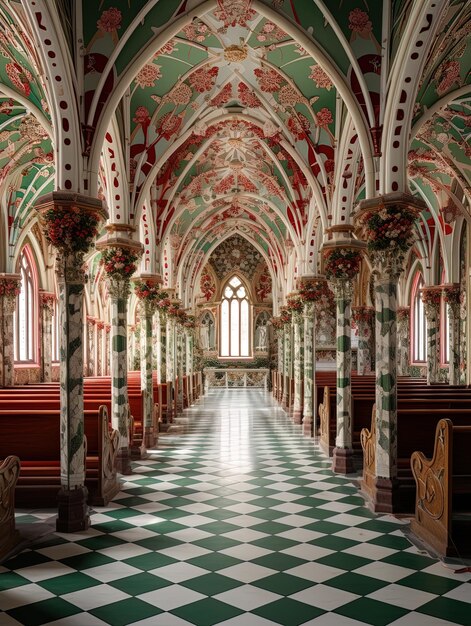 une église avec un sol en carreaux verts et rouges et un sol en carrelages verts et blancs