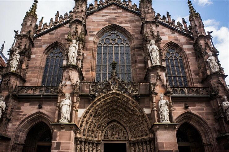 Photo une église avec des statues à l'avant et le mot jésus à droite