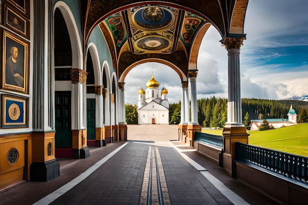 une église avec un toit jaune et un dôme jaune avec une pancarte qui dit "