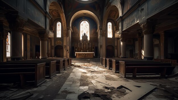 Une église avec un vitrail et un grand autel