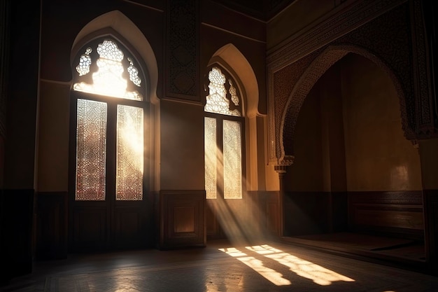 Une église avec un vitrail traversé par le soleil.