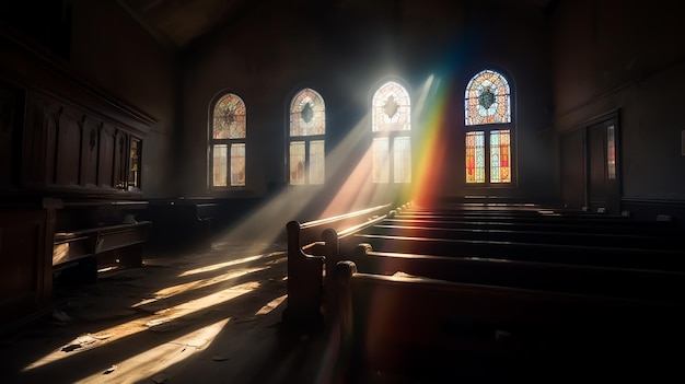 Une église avec des vitraux et une lumière traversant la fenêtre