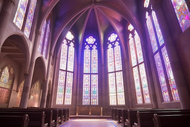 Une église avec des vitraux et une rangée de vitraux.