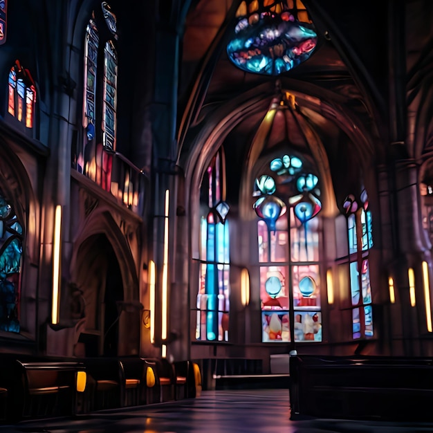 Une église avec des vitraux et un vitrail