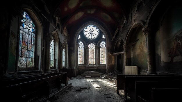 Une église avec des vitraux et un vitrail