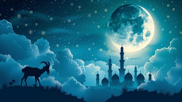 Eid al adha designEid al adhan concept mosquée silhouette de chèvre nuages lune et étoile sur fond bleu