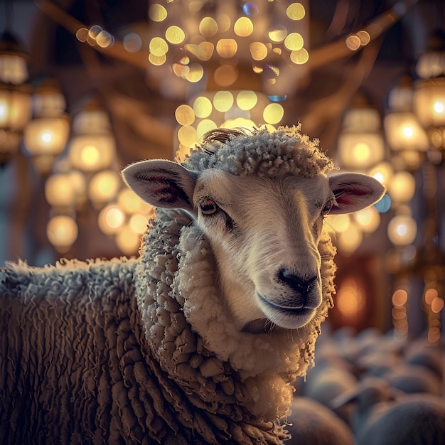 Eid al Adha Mubarak fête islamique du sacrifice avec des lumières islamiques et des moutons en arrière-plan