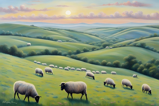 Eid al-Adha serein paysage paisible collines vallonnées moutons au pâturage et couleurs pastel douces