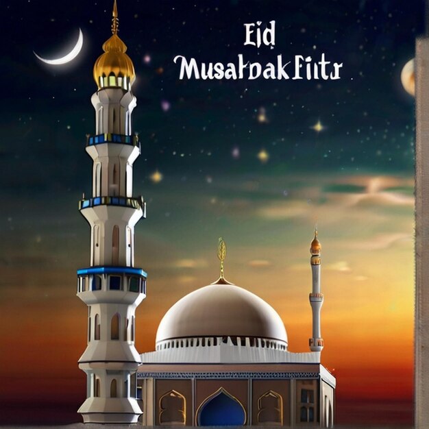 Eid al fitr 3D lanterne et mosquée avec 3D lune avec nuit belle Eid Mubarak arrière-plan