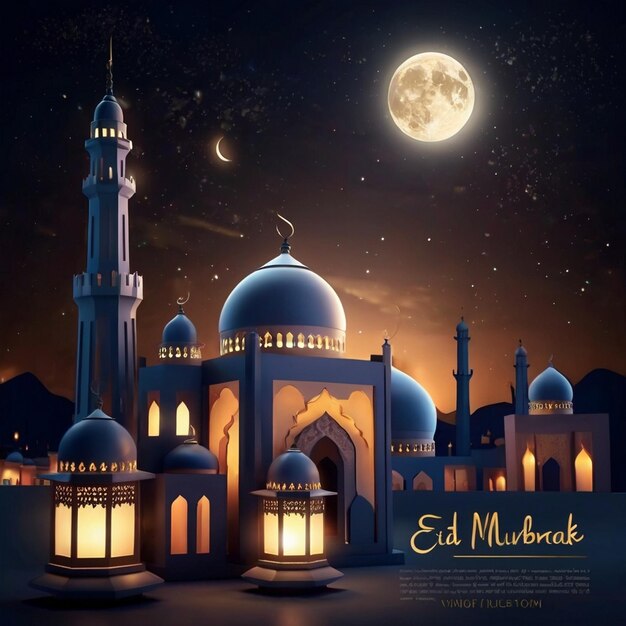 Eid al fitr 3D lanterne et mosquée avec 3D lune avec nuit belle Eid Mubarak arrière-plan