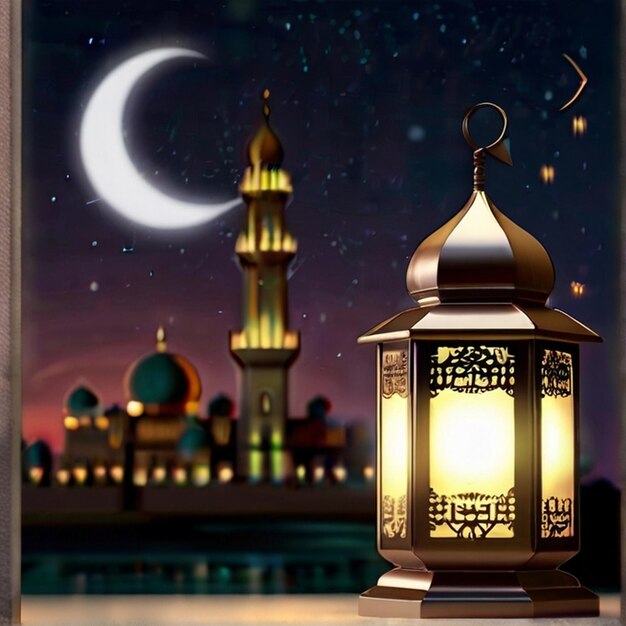 Eid al fitr 3D lanterne et mosquée avec 3D lune avec nuit belle Eid Mubarak arrière-plan