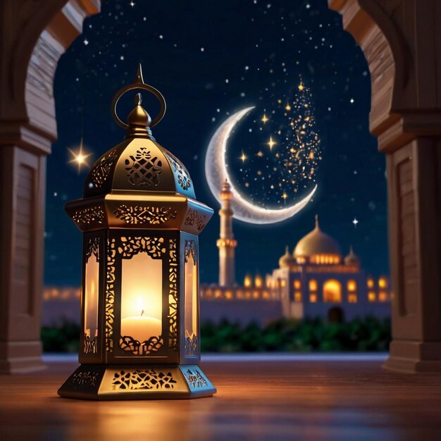 Eid al fitr 3D lanterne et mosquée avec 3D lune avec nuit belle Eid Mubarak arrière-plan