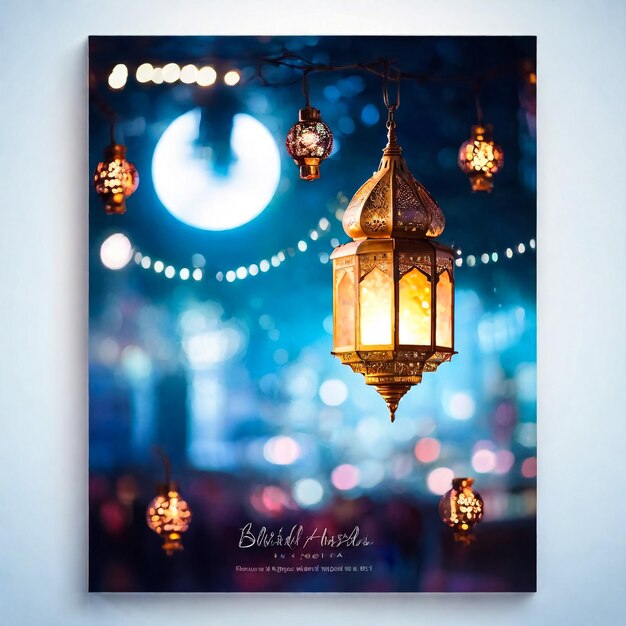 Photo eid al fitr eid mubarak illustration religieuse islamique vectorielle de lanternes lumineuses avec des étincelles et des étoiles design d'affiche du mois sacré musulman du ramadan affiche de vacances