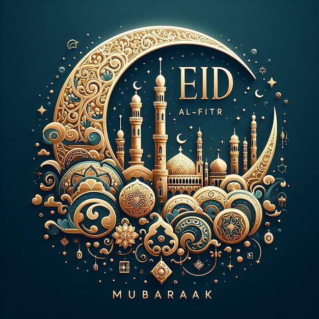 Eid al-Fitr Eid Mubarak avec des lettres avec une belle mosquée