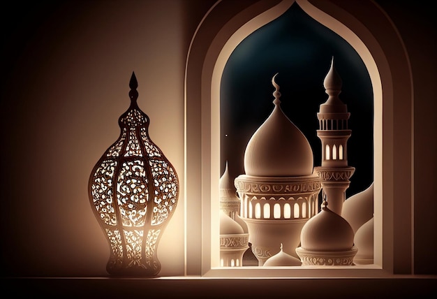 Eid al fitr fond de fenêtre avec mosquée Ramadan kareem eid mubarak lanterne islamique sur une table