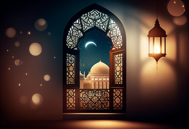 Eid al fitr fond de fenêtre avec mosquée Ramadan kareem eid mubarak lanterne islamique sur une table