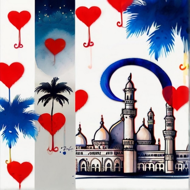 Eid al fitr Peinture à l'encre exquise sur mousqûr islamique et fond de papier blanc pur de lune
