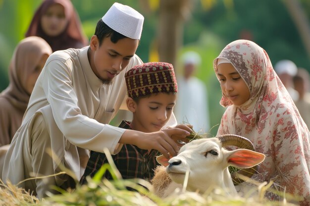 Eid alAdha Les gens profitent d'un événement amusant avec une chèvre partageant des moments heureux dans la nature