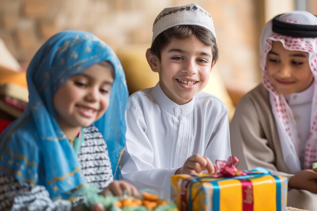 Eid alAdha Un groupe d'enfants est assis autour d'une table avec des cadeaux