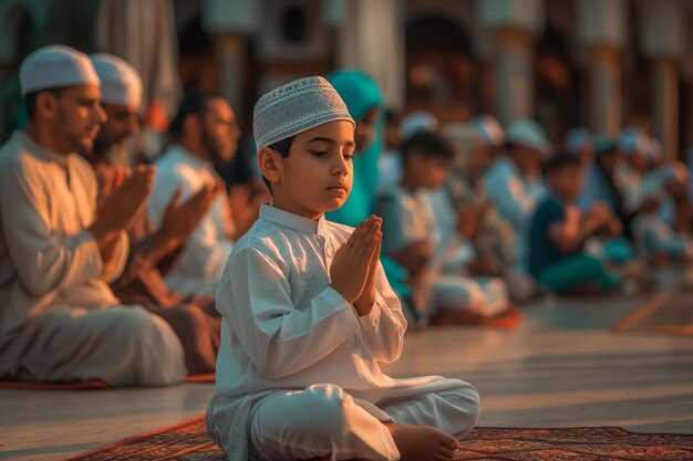 Eid alAdha Un jeune garçon est à genoux devant des gens qui prient dans une mosquée