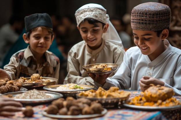 Eid alAdha Les jeunes garçons partagent joyeusement la nourriture à une table en appréciant la cuisine et en souriant